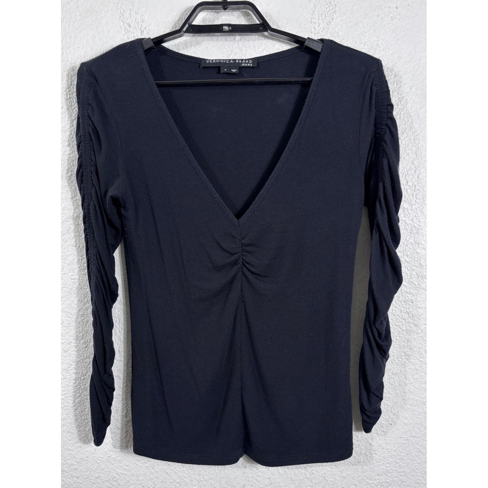 Veronica Beard Jeans Top Women S Black V-Neck Ruched Long Sleeve Ribbed Modal